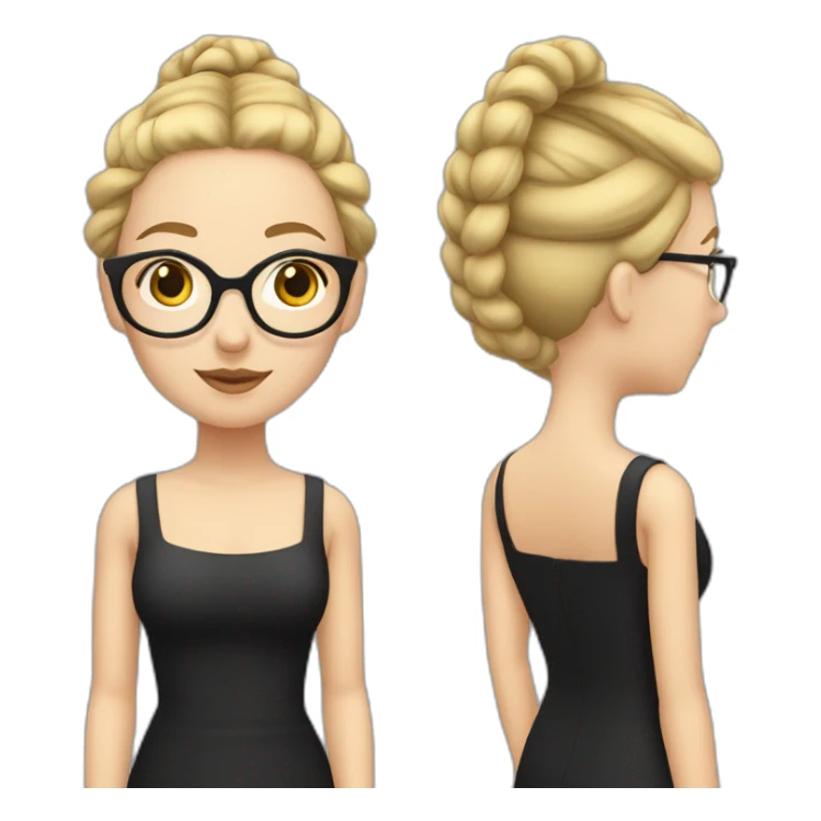white woman with blonde pigtail braids and large dark rimmed glasses and a square neckline black dress sticker