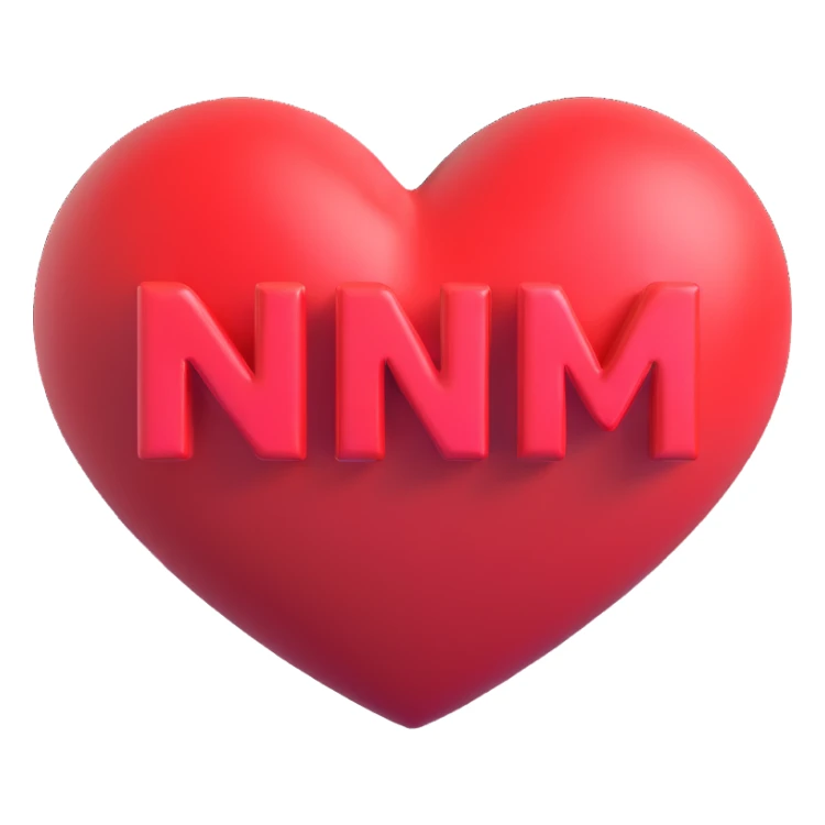 3D red heart with 'NM+CD' inside, playful cartoon font sticker