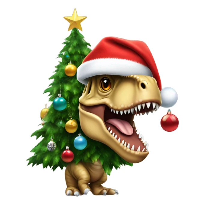 A t-Rex in a Santa hat and baubles on him like a Christmas tree sticker