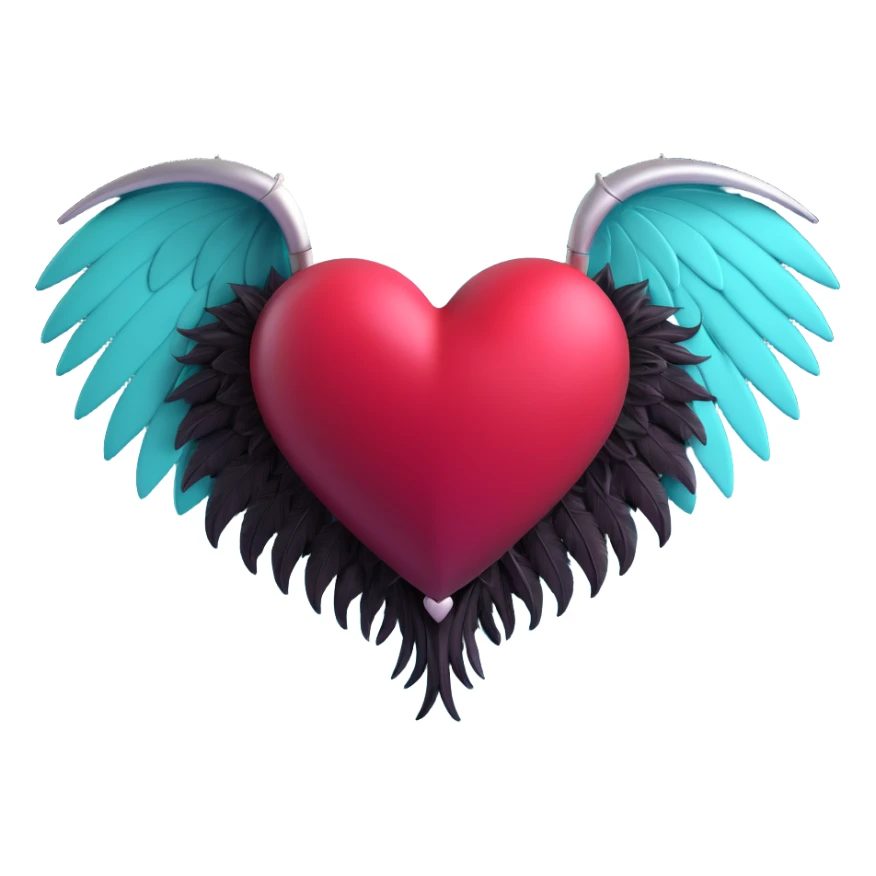 3D emoji gothic heart, dark crimson crystal, silver bat wings, feather details sticker