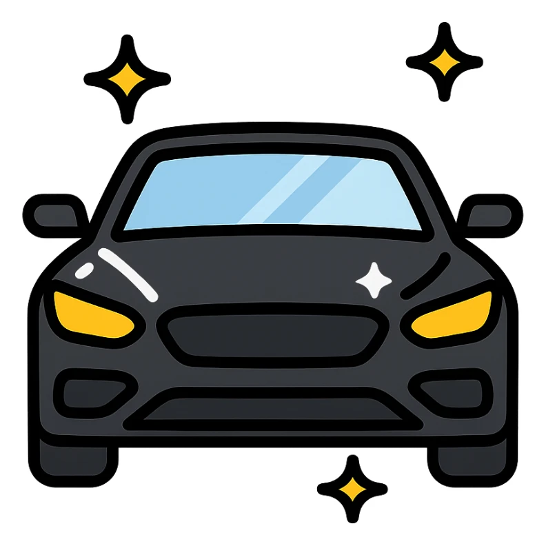 full body high-end luxury car icon, glossy black with multiple small sparkling stars and strong mirror-like reflections, impeccable perfectly clean finish, modern and clean style sticker