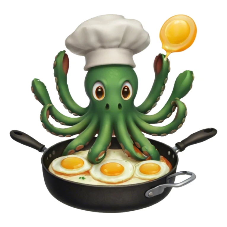 green octopus with a chicken on its head frying an egg sticker