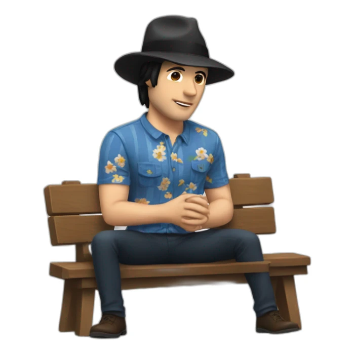White Man with black hair, strip blue flowered shirt, brown hat, setting on a bench sticker