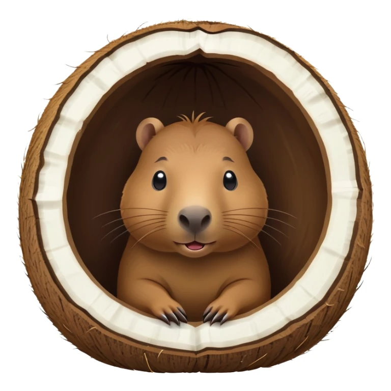 Small capybara inside a hollowed coconut, using it as a cozy home sticker