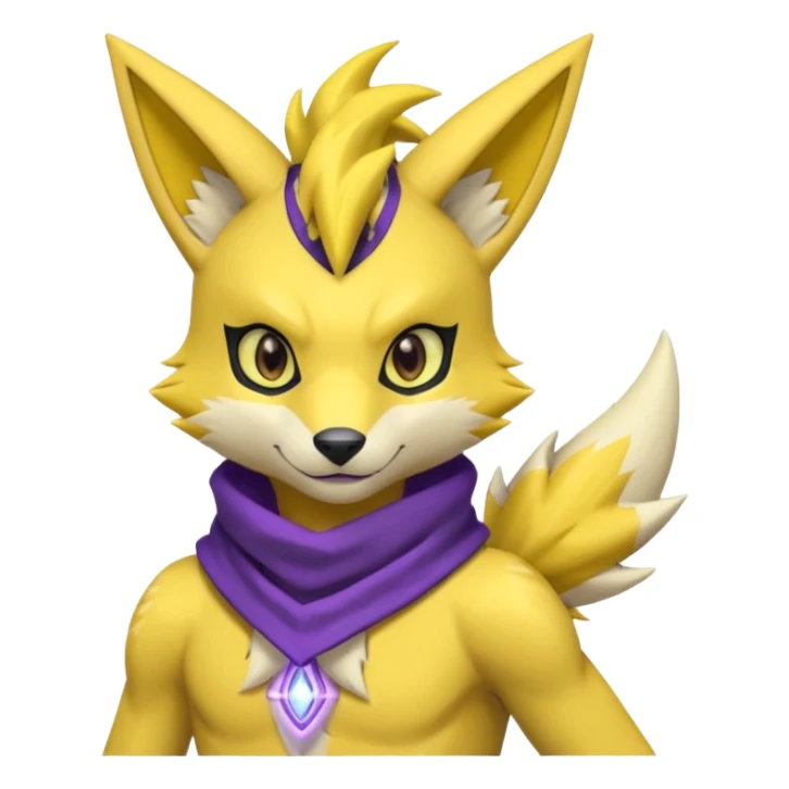 Furry Anthropomorphic Yellow Renamon-Zeraora-Toxtricity-Pokémon-Digimon-Fakémon-fusion with purple lightning-bolt-markings, and facial markings, black bandanna scarf sticker