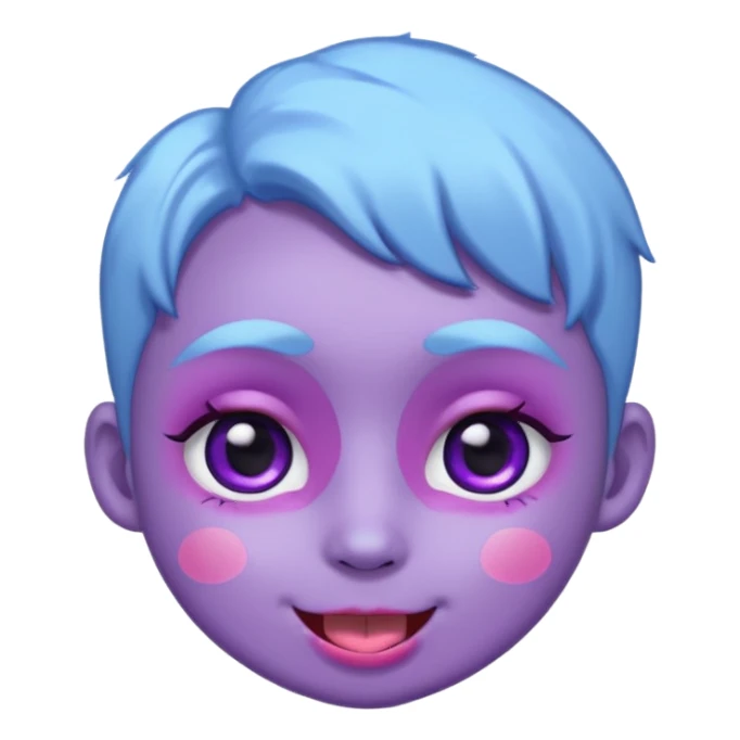 
de color azul claro brillante con manchas orgánicas en tonos morado y violeta.El rostro es expresivo y kawaii, con ojos grandes y brillantes, cejas pequeñas y una sonrisa abierta con lengua rosada. Estilo moderno, limpio y tierno, ideal como emoji, sticker o mascota digital.
 sticker