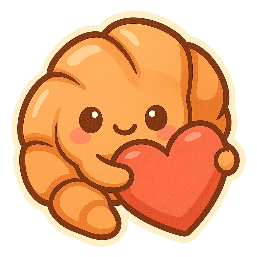 chibi sticker-style croissant with a big heart, cute and exaggerated sticker