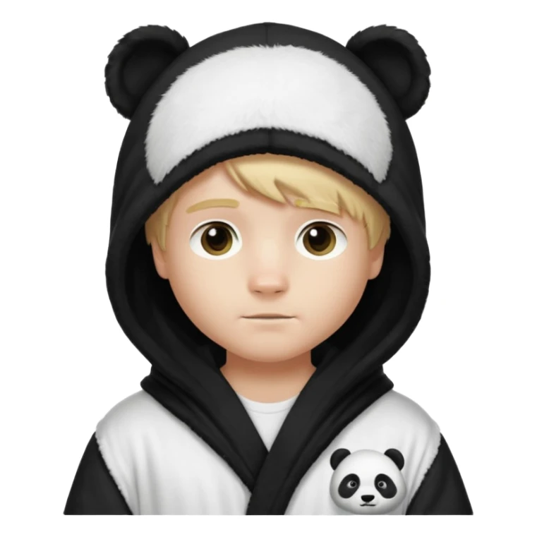 Create a blond boy with long, messy hair, light eyes, a white t-shirt, rich, with long hair, blue eyes, medium-length, voluminous hair, wearing a black Nike bathrobe and a little blush near his nose. and with a panda balaclava, but showing her hair. sticker