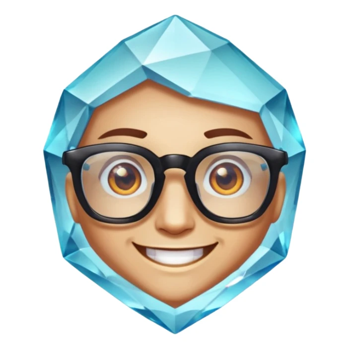 A single crystal gemstone character wearing glasses, chunky and irregular with faceted very sharp sides, smile, , high detail, sticker