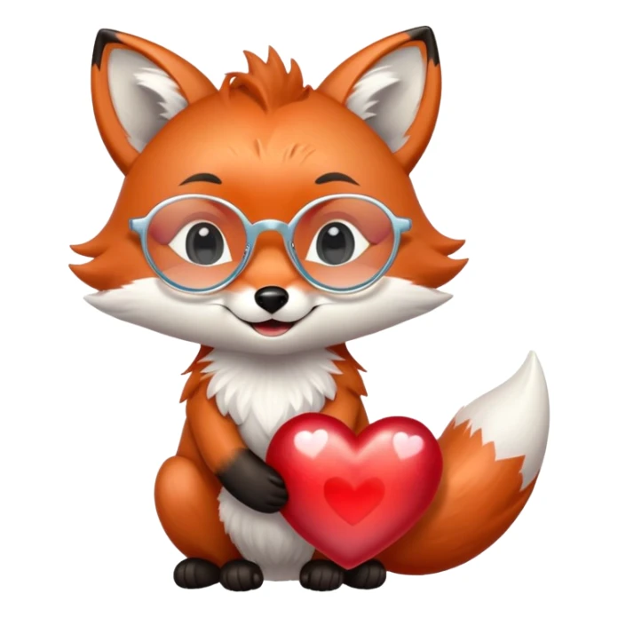 A dreamy fox with iridescent fur, a glowing tail, a silver star on its forehead, and round glasses, hugging a big red heart and smiling warmly. 🦊❤️ sticker