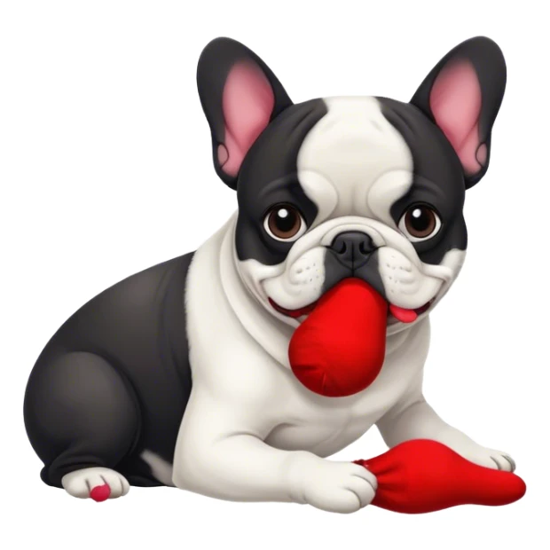 Black and white Bouledogue français eating a red sock  sticker
