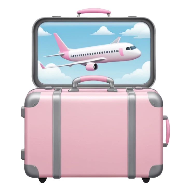 White suitcase with pastel pink handle, placed near airplane window, soft light sticker