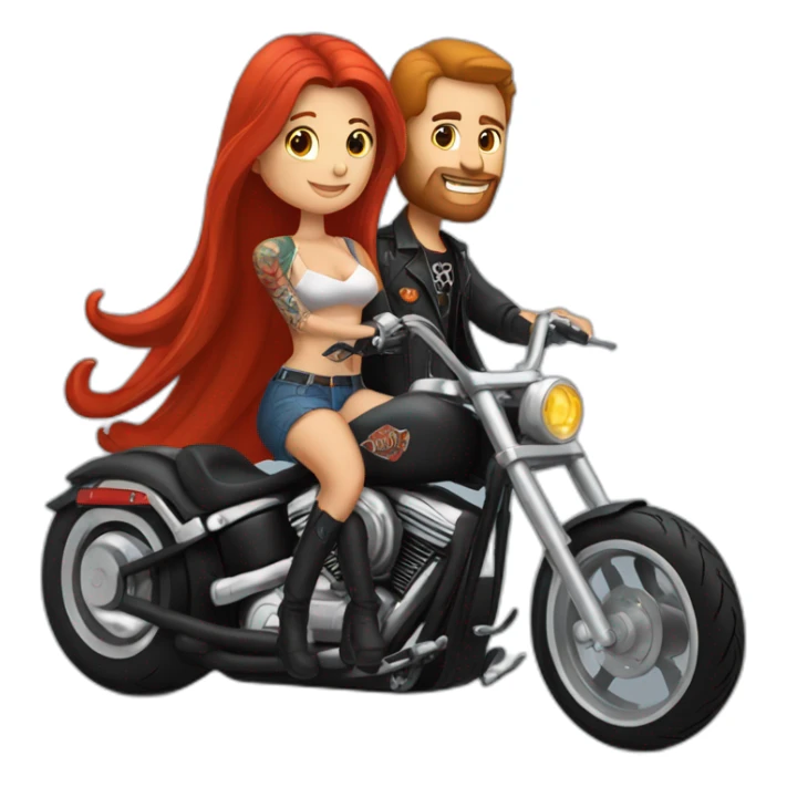 Guy with tattoos and long hair riding a Harley chopper motorcycle with a pretty red haired girlfriend  sticker