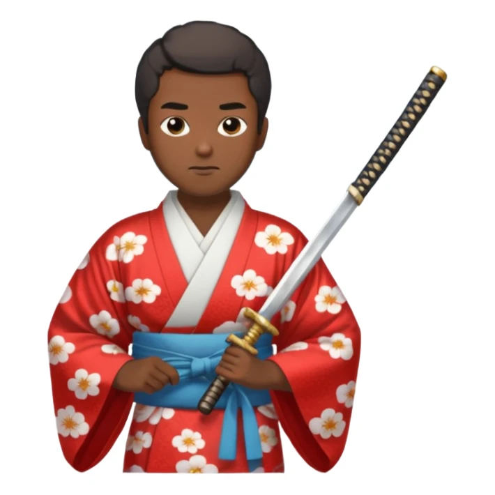 Dark and short haired man in kimono with cloud print holding katana sticker