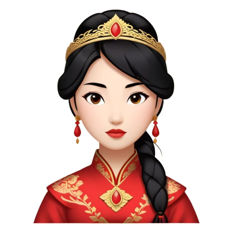 Cinematic Majestic Mulan Portrait Emoji, rendered in a clean, vector-style with bold, simplified shapes. Depict Mulan with a serene, noble expression, warm light skin, and neatly styled black hair, dressed in traditional attire featuring subtle red motifs and gold trim. The image glows with a calm, majestic aura, high shine, and a soft glowing outline, embodying classic elegance. sticker