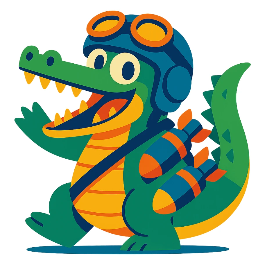 a crocodile with a pilot helmet and bomb accessories, energetic, fun illustration, vibrant colors sticker