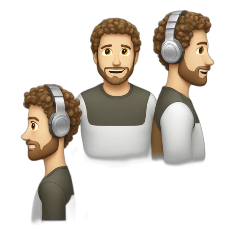 white guy with curly hair brun guy with white headphone and short beard sticker
