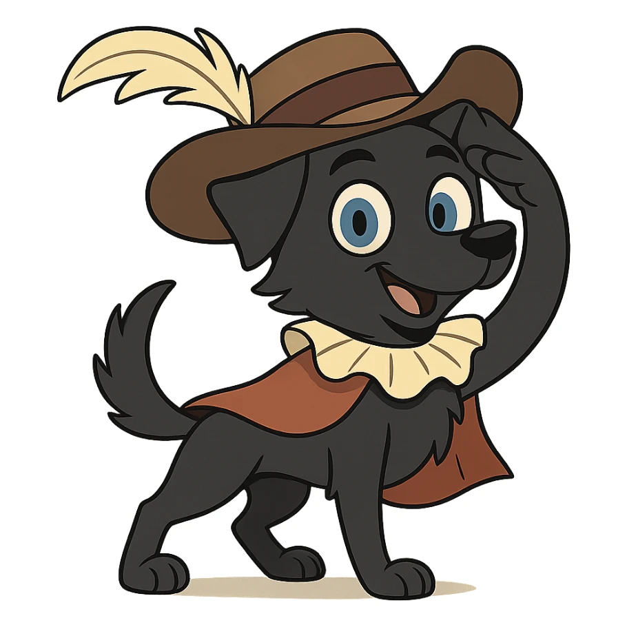 A cute small dog with sleek black fur, bright blue eyes, and a playful expression, dressed as a musketeer. The dog is wearing a classic musketeer hat with a feather, a tiny cape, and a ruffled collar. The dog is playfully saluting with a paw raised in a noble gesture. sticker