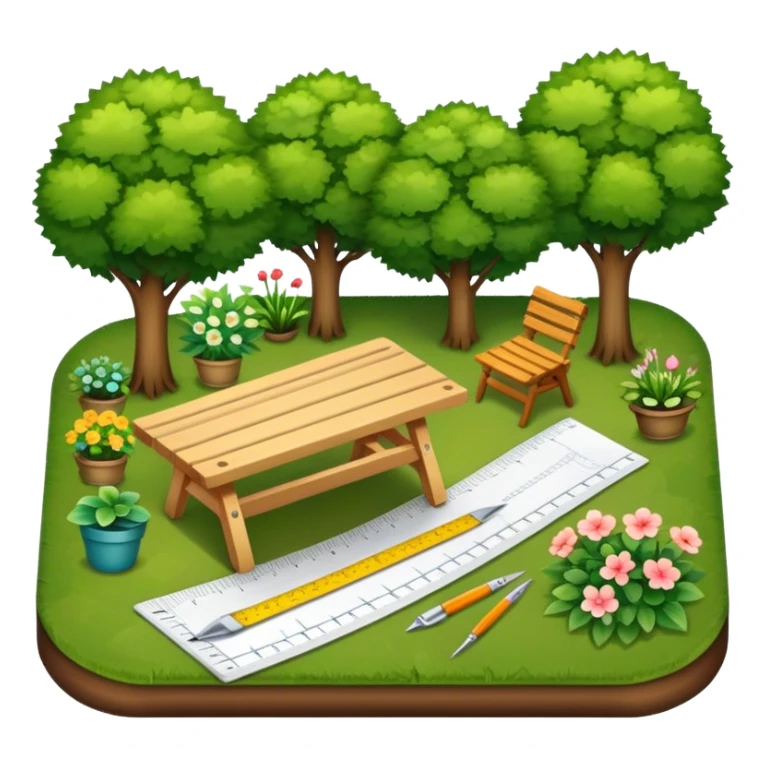 Icon for Landscape Design: a garden layout with trees, plants, pathways, and outdoor furniture, along with design tools like a ruler and sketchpad. The icon should represent the creativity and planning behind landscape design. Transparent background. sticker
