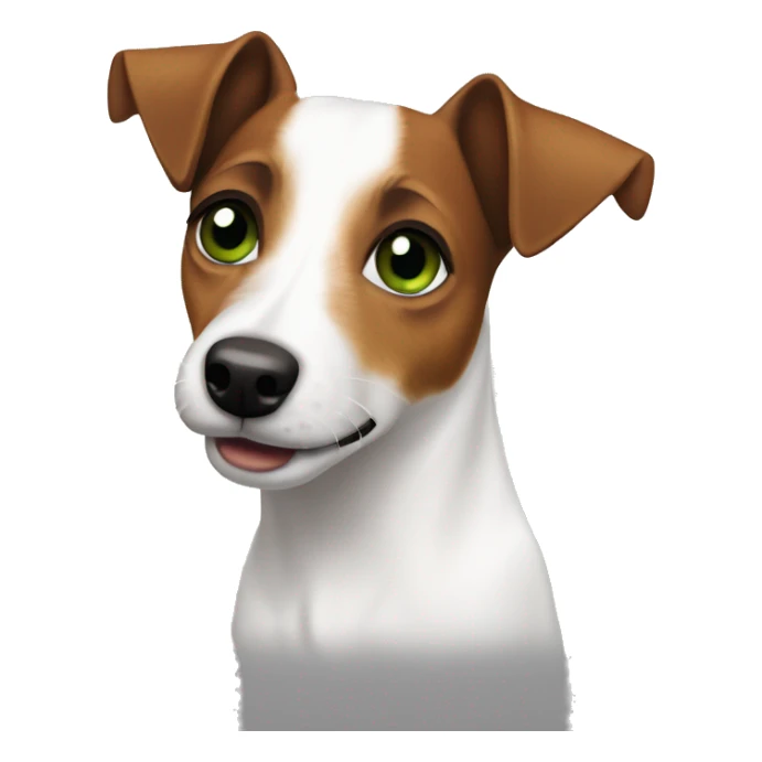 Jack russel terrier with green-brown eyes, a brown spot on one ear, half of the muzzle is white sticker