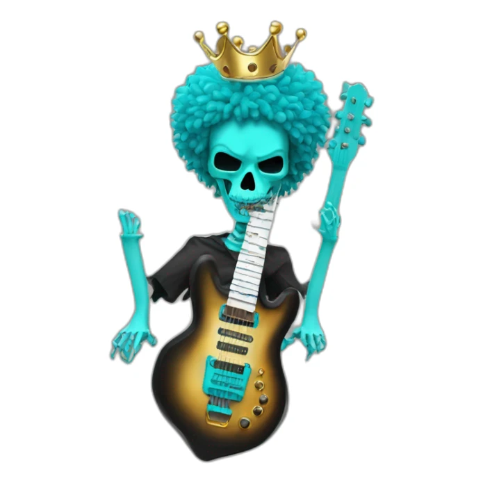 Soolking brook ;black affro cut ;turquoise electric guitar;golden crown ;skeletal face sticker