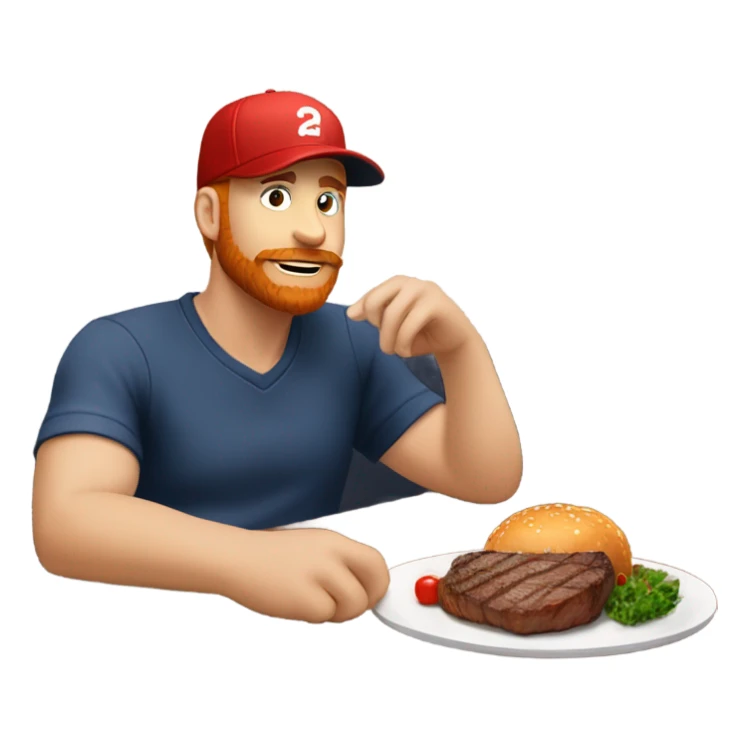 White guy with small red beard and baseball hat eating steak at table alone  sticker