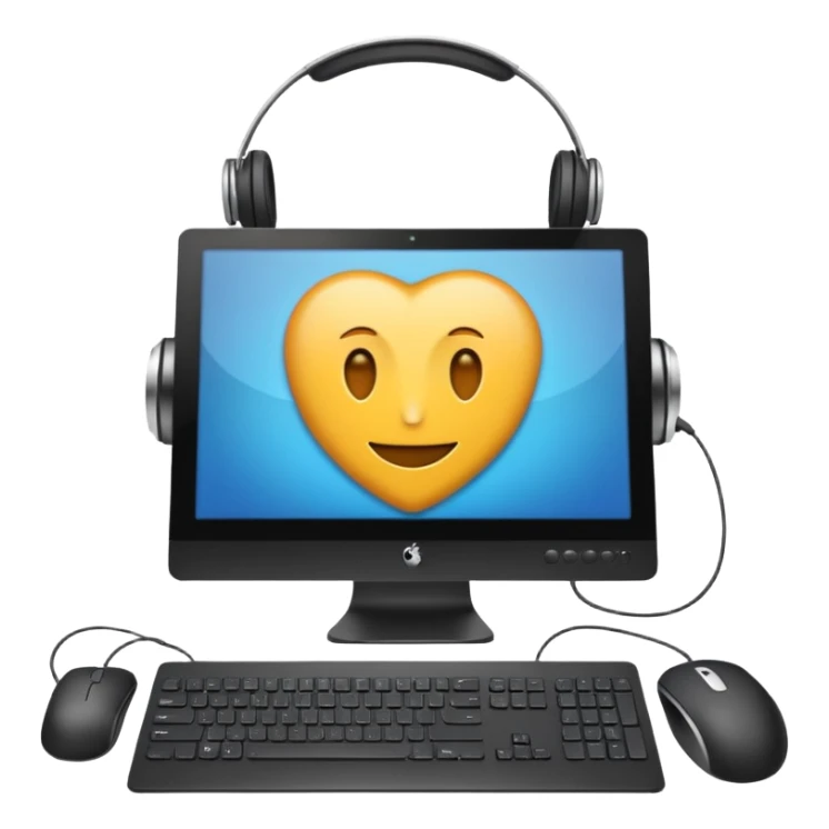 windows desktop pc with keyboard, monitor, mouse, and headphones, apple style emoji sticker