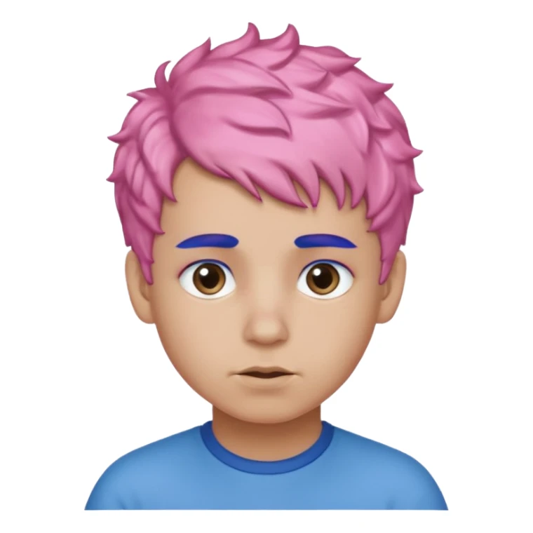 boy with short, curly pink hair, matching blue eyebrows, light brown skin, and a neutral facial expression. sticker