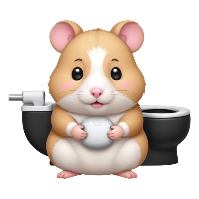 Cute chubby cartoon-style hamster sitting on toilet, sticker-style illustration sticker