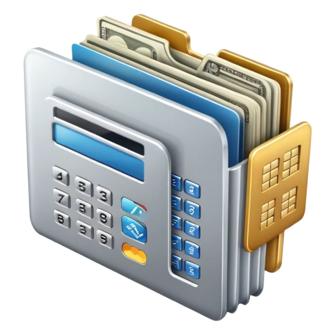 Closed folder icon with small symbols floating around: bank building, credit card, calculator, and document – organized financial archive sticker