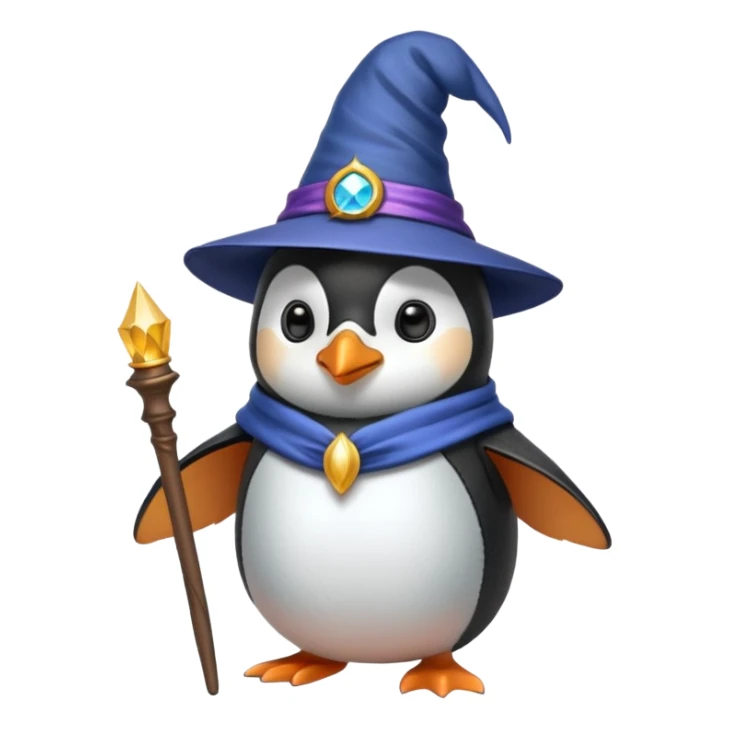 A penguin dressed as a wizard, wearing a pointed hat and holding a magic wand sticker