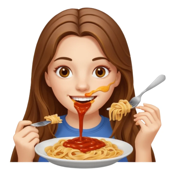 smiling white long brunette hair girl with hazel eyes eating pasta sticker