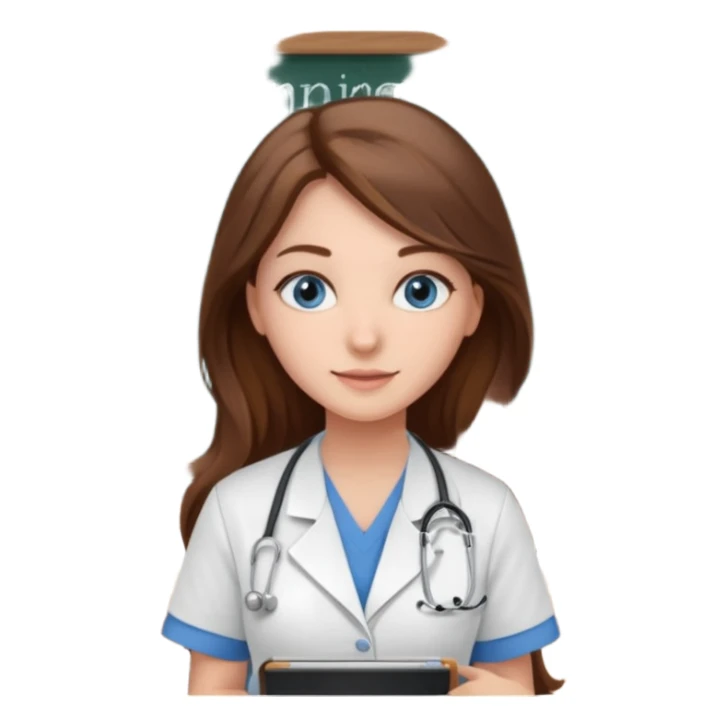 university classroom that says nursing school on the blackboard with a pretty female nursing student with long brown hair, blue eyes sticker