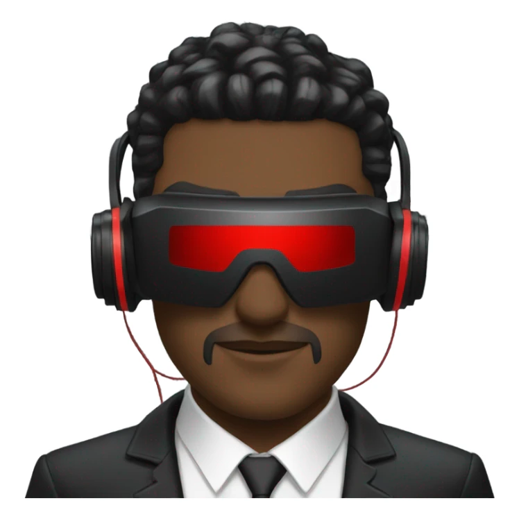 Cyberpunk man wearing black suit, red VR headset sticker