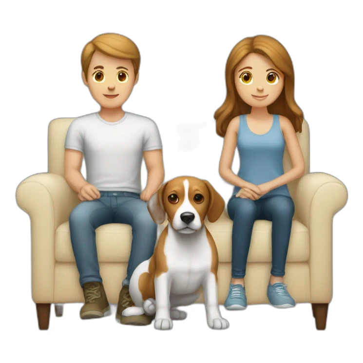 Brown hair White boy and girl with beagle Sit on couch sticker
