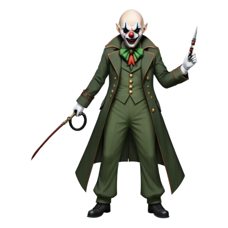 evil clown, bald, small black horns on forehead, fangs, pointed ears, eye patch over one eye, long coat over black and military green leisure suit with bellbottom pants, tail, holding a whip, no knife, realistically proportioned, less bulky, full body, battle-ready, fighting posture sticker