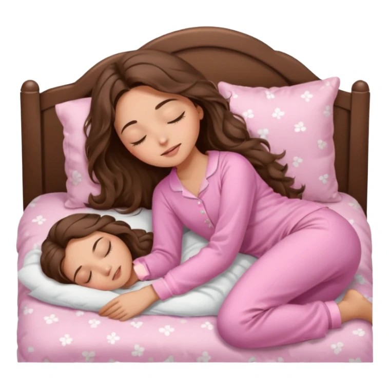 Brunette girl with long wavy brown hair with brown eyes and sleeping on a withe bed with cute pink pjs (just one girl) and with closed eyes sticker
