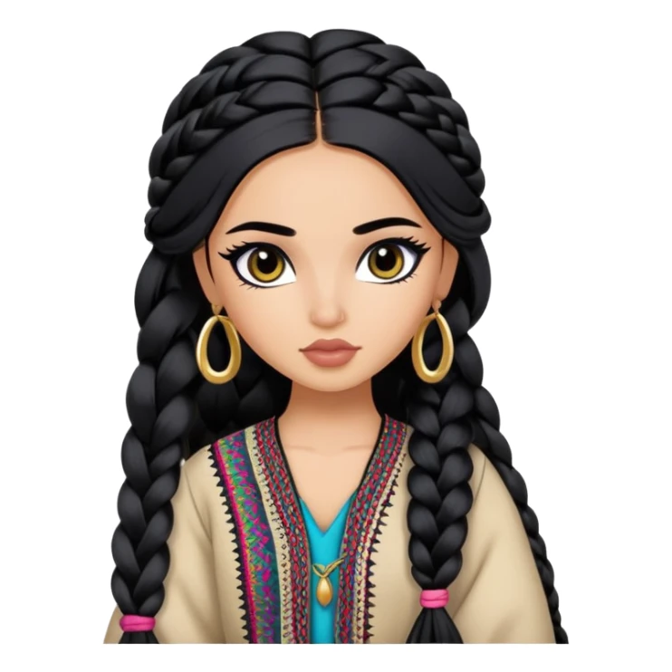 Afghan nose, pretty lips, afghan clothes, medium skin,  long black hair braid, pretty bratz baddie, black eyeliner sticker