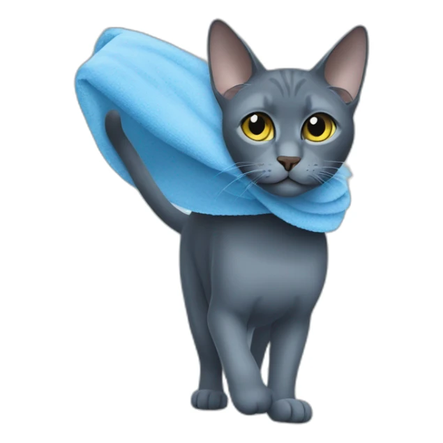 darker russian blue cat walks with blue towel on his mouth sticker