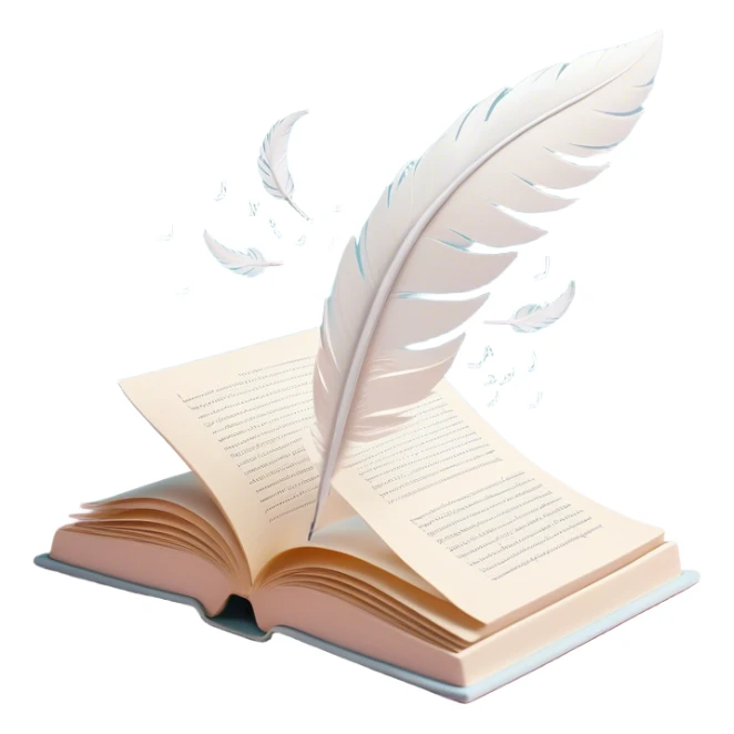 Create a delicate and poetic emoji representing poetry. The design should feature several elegantly flying pages with short poetic columns written on them. The pages should appear light and flowing, almost as if being carried by the wind. Include a white feather gently resting on the pages, symbolizing creativity and inspiration. Use soft, pastel tones to give it a dreamy, artistic feel. The design should feel ethereal and whimsical, capturing the essence of poetry. Make the background transparent. sticker