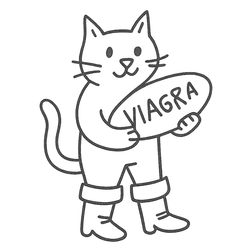 a cat in boots standing on its hind legs and holding a Viagra pill in its front paws sticker