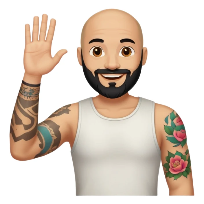  Bald man with black beard saying hi with only one colorful tattoo on forearm  sticker