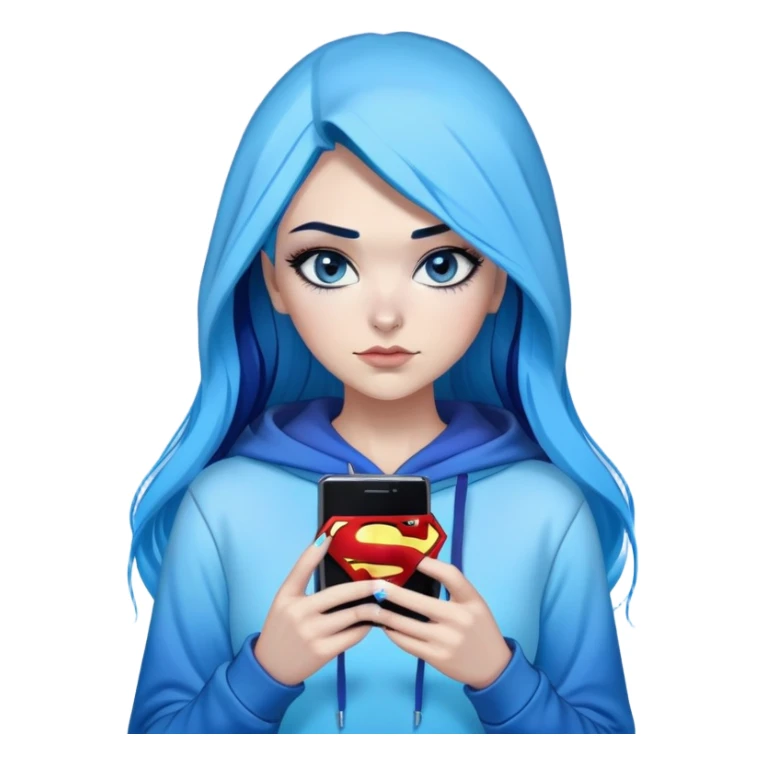 Female-sorry-Very tall-very very very large chest-texting on a samsung cell phone-very long straight black to sky blue hair ombre-blue eyes-black eyeliner-long eyelashes-hoodie with glitter superman logo-leggings-lippierced sticker