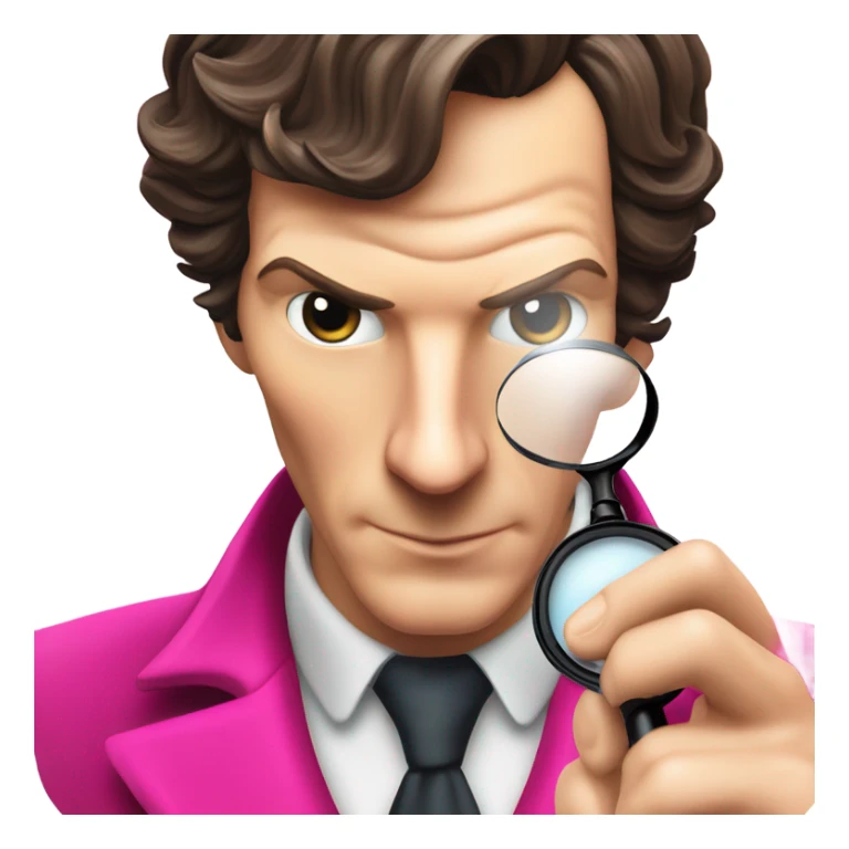 Benedict Cumberbatch-like Sherlock Holmes all in all intensive pink suit holding magnifying glass, upper body sticker
