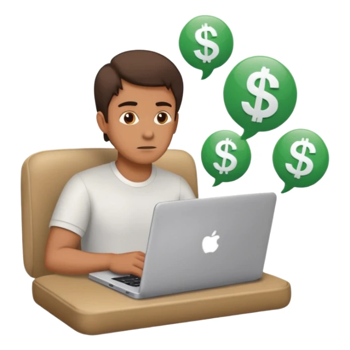a man with a laptop and dollar signs, thinking about startup success sticker