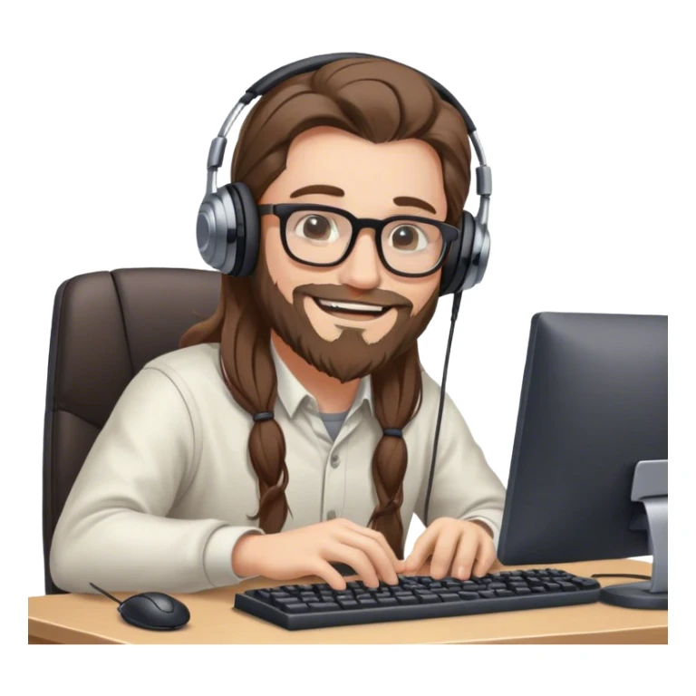 white man with long brown hair, glasses, headphones and beard sitting at a computer with a mouse and keyboard, smiling sticker