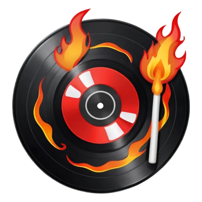 a black vinyl record white stick  with red outlin and flames  sticker