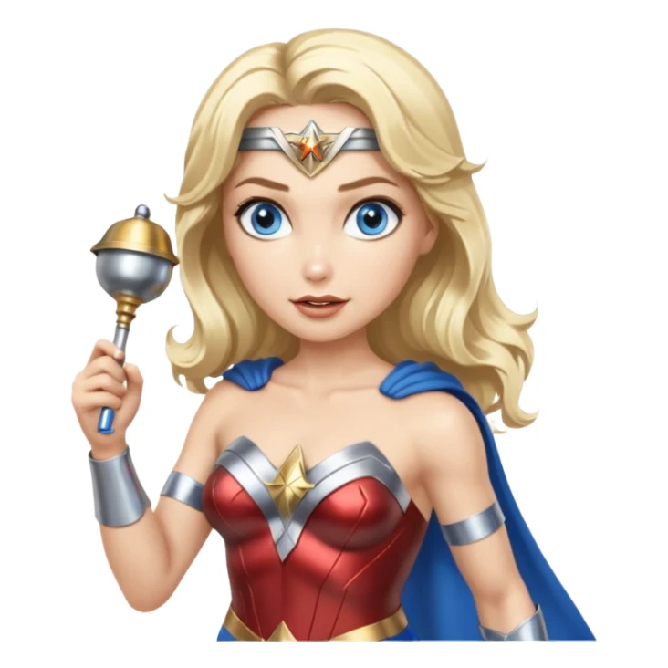 Blonde blue eyes Wonder Woman holding bell and short, thin, white baton sticker
