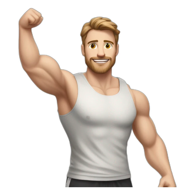 Close up Actively gesturing  with hands Pale skinned Fit Man With the biceps and brown hair in dark gray Sleeveless Mike, black oversize sports shorts, watch and white Sneakers sticker