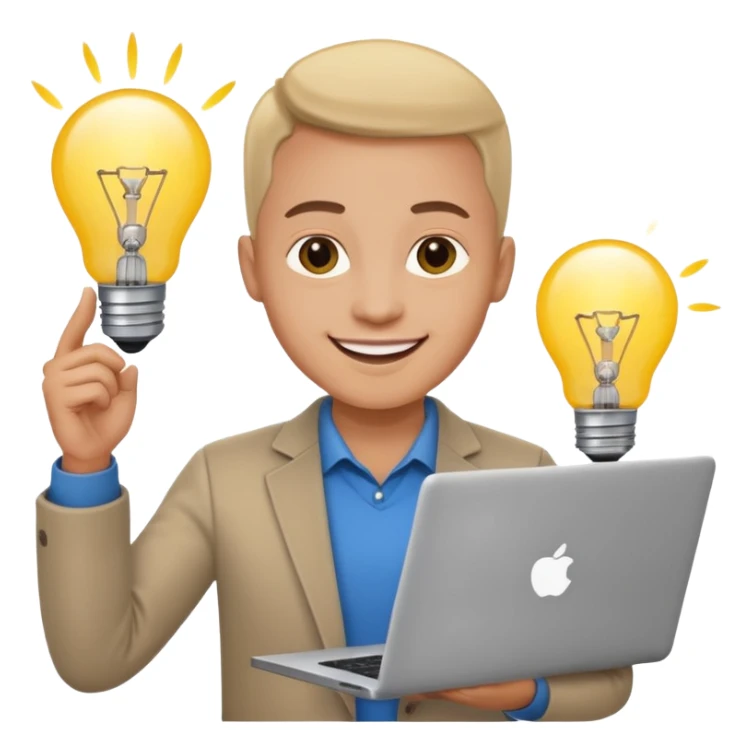 smiling person entrepreneur with laptop and lightbulb sticker